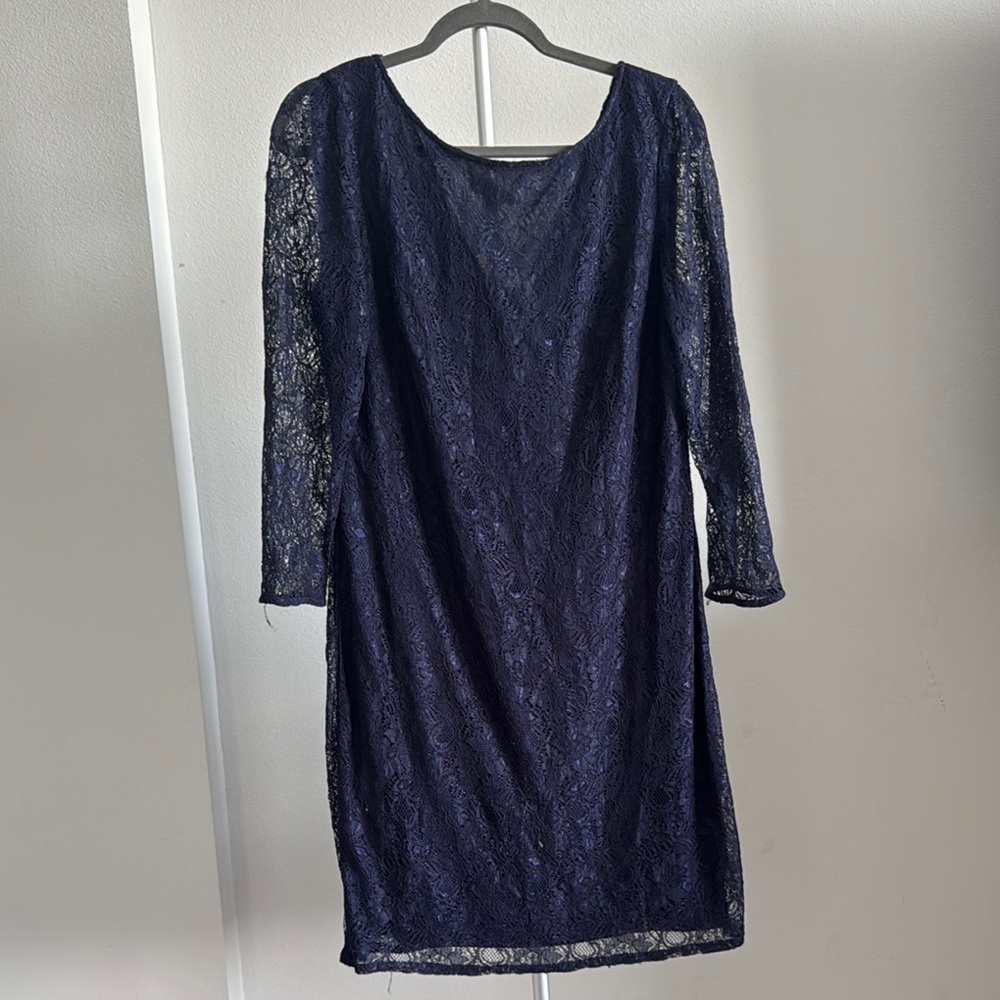 Adrianna Papell Navy Blue Sheath Cocktail Dress Long Sleeve